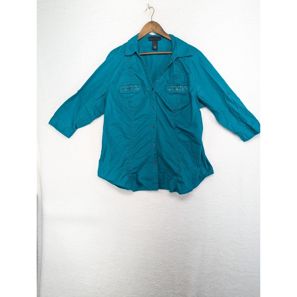 Lane Bryant  Teal Blue Scrunched Blouse Embellished Pockets 3/4 Sleeves‎ Size 16
